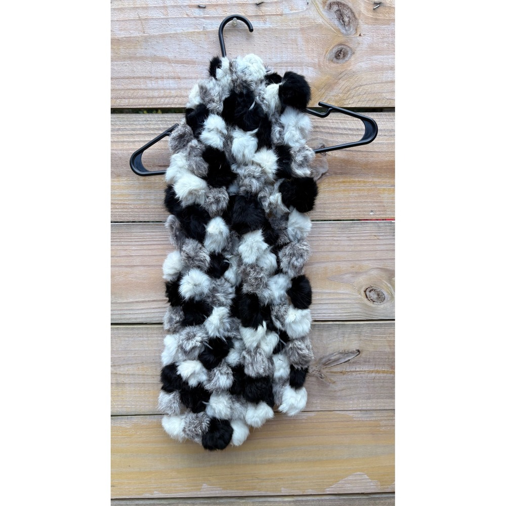 Black White Grey Genuine Rabbit Fur Pom Pom Scarf Winter Stole 52 Inch